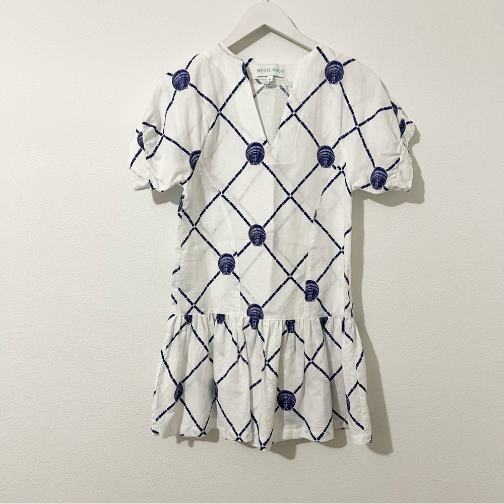 Brooke Wright Lucy Dress Shell Print Blue White Shift Dress Seashell Size XS